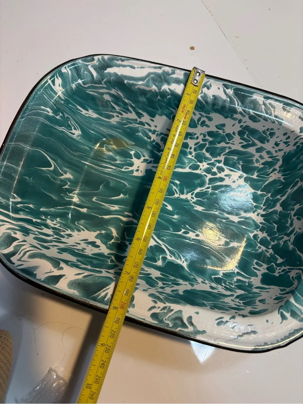 vintage rectangular enamelwear baking pan teal white swirl pattern